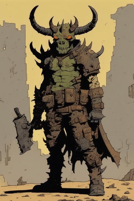 00365-2957606915-_lora_Mike Mignola Style_1_Mike Mignola Style - horned demon in post apocalyptic armor with no helmet drawn in the style of comi.png